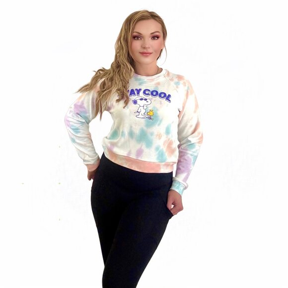Licensed PEANUTS Snoopy 'STAY COOL" women's Tie Dye crop FLEECE Sweatshirt S,M,L - Picture 1 of 7